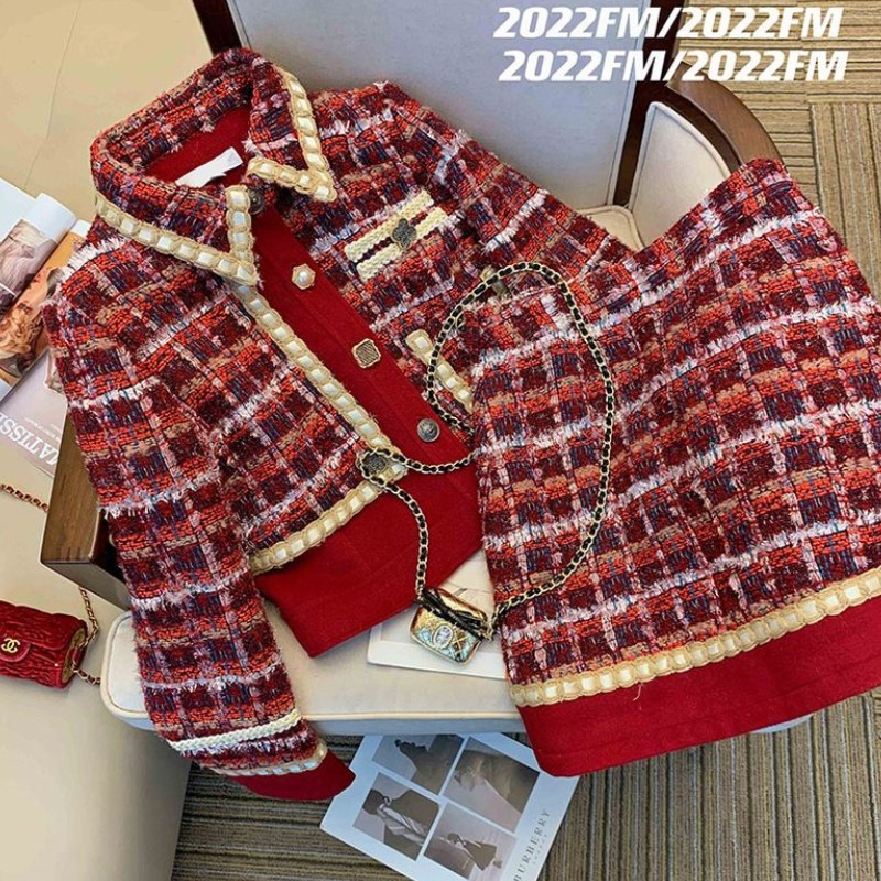 Winter Clothing Line - Feminino elegante tweed vermelho terno jackert